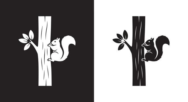Minimalist Squirrel on Tree Vector Logo Template in Black and White Silhouette Style
