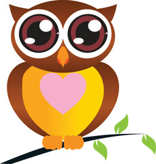 Cute Cartoon Owl with Pink Heart Perched on a Branch in Adorable Character Style