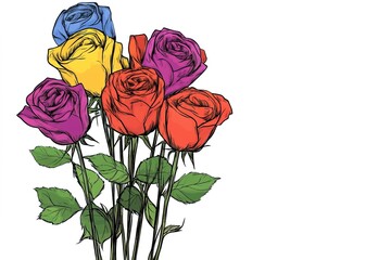 ink style bouquet of roses in various colors, including blue, yellow, purple, red and orange. Their fresh petals and green leaves create lively, cheerful atmosphere, suitable for gifting or decoration