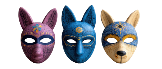 Colorful decorative masks representing various animal faces, displayed against a white background