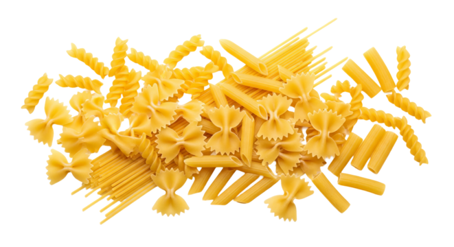Assorted dry pasta sits in a pile with mixed shapes including farfalle, penne, spaghetti and fusilli.