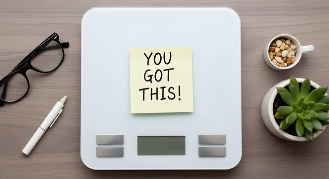 Motivational note on bathroom scale with glasses and plant nearby  