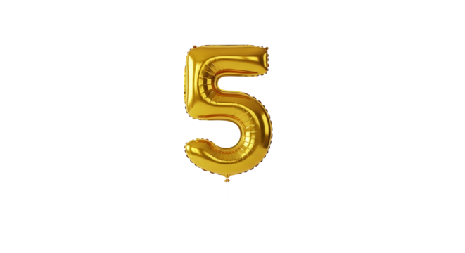 Balloon number five floats isolated against a plain background with shiny metallic gold material.