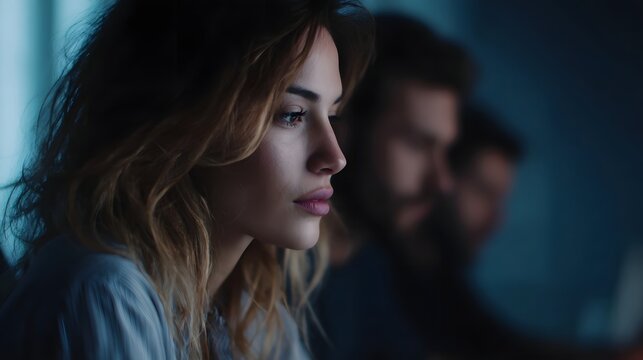 A focused woman in a low light office setting looks thoughtfully to the side while colleagues work in the background