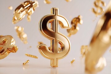 Golden dollar symbols in 3D style suspended in space with white background, ideal for banking visuals, savings campaigns, digital marketing and money themed projects