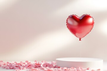 red heart shaped balloon rises above scattering of pink petals on smooth white pedestal with copy space, creating delicate and romantic atmosphere ideal for special celebrations or moments of love