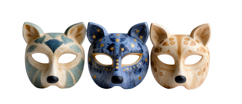 Colorful decorative masks representing wolves, displayed against a plain background, showcasing intricate designs