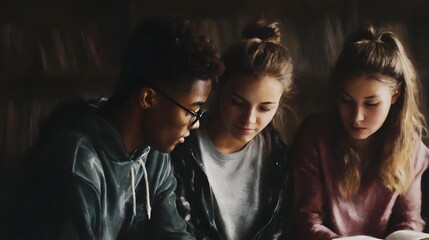 Diverse group of young friends focused on reading and studying together in a quiet indoor setting