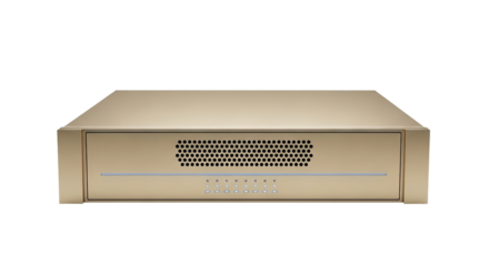 Beige server sits centered against a background featuring ventilation holes and indicator lights.