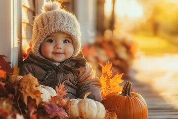 happy baby is surrounded by small pumpkins and vibrant autumn leaves on porch. warm sunset light creates cozy atmosphere, highlighting child joyful expression
