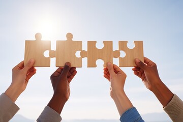 Diverse hands proudly connect wooden puzzle pieces against a vibrant blue sky, symbolizing global teamwork and a bright future solution
