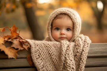 baby sits on a wooden bench in park during autumn, wrapped in cozy knitted blanket and wearing matching hat. Colorful leaves fall around, creating warm, serene atmosphere