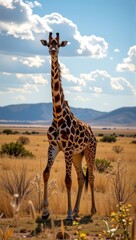 Obraz premium Majestic giraffe traverses the sun-drenched golden savanna, savanna, mammal