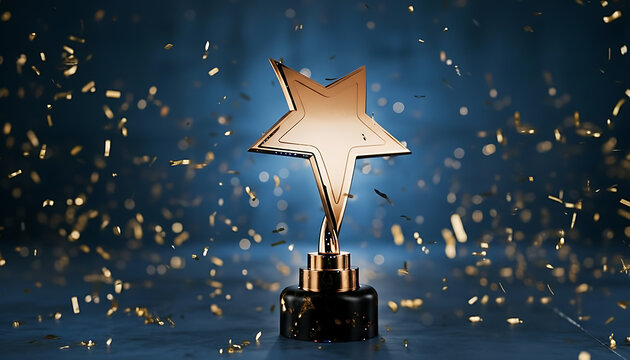 Stunning gold star award trophy with falling confetti celebrates achievement, success, and recognition in a vibrant and celebratory atmosphere