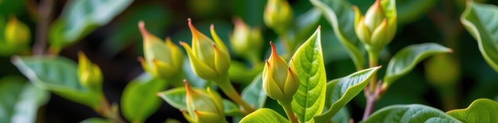 Obraz premium Tender green tea buds and unfurled leaves, dew-kissed and vibrant, ready for harvest, simple, harvest, light