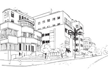 Detailed ink line sketch of an old street in Tel Aviv, Israel, capturing the charm of urban architecture and vintage postcard-style city scenery in black and white.