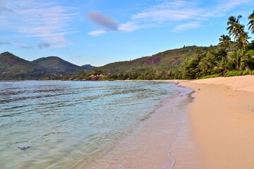 Seychelles Islands beach with tropical palm trees