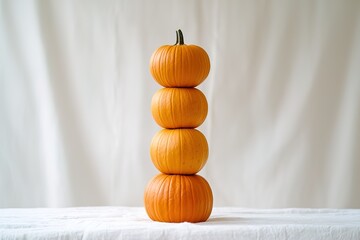 Creative arrangement of multiple pumpkins in vertical stack isolated on white background, perfect for festive, harvest and seasonal marketing materials