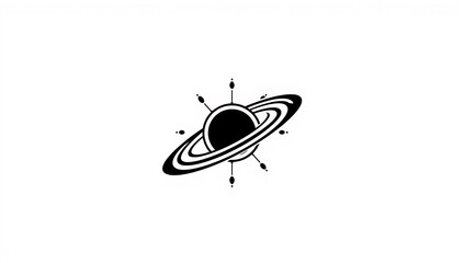 Minimalist logo design featuring a cosmic or planetary motif, specifically a black silhouette of a ringed planet