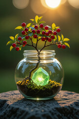 A wide-angle perspective of a miniature hawthorn tree with vibrant, red berries grows within a crystalline glass jar, its slender roots entwined around a glowing green crystal that radiates a soft