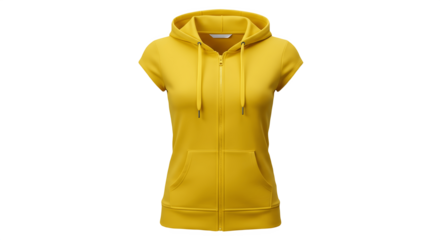 Yellow jersey hoodie isolated on white background. Flying sport zipper sweatshirt with hood. Women’s activewear fashion, casual sportswear, trendy female zipped hoodie for fitness and lifestyle concep
