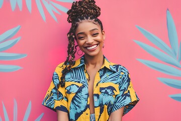 cheerful woman smiles widely while wearing colorful tropical print shirt. She posed in front of lively pink wall decorated with large palm leaves, capturing fun and vibrant atmosphere