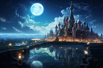 grand castle with colorful domes stands majestically by calm lake under bright moon. night sky is filled with stars, creating serene and magical atmosphere