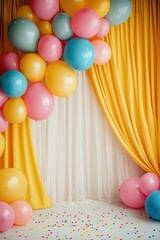 vertical vibrant display of balloons in various colors surrounds bright yellow curtain. scene is cheerful and inviting, perfect for parties or special occasions. Confetti adds festive touch to floor
