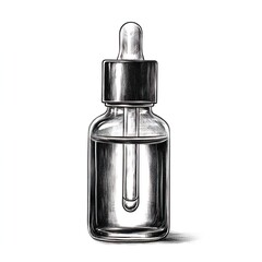 monochrome ink sketch clear glass dropper bottle isolated on white, filled with transparent liquid. simple design creating clean and minimalistic visual. Ideal for beauty or wellness products