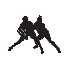 Silhouette of two female basketball players, competing fiercely with each other, one dribbling the ball and the other snatching the opponent's ball.