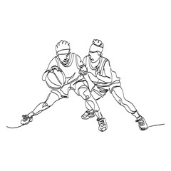 Continuous vector line art depicting a female couple playing basketball, the players stretching in a defensive action. Single line drawing graphic.