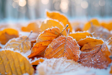 ephemeral beauty of sleet glistening on fallen autumn leaves captures delicate harmony between autumn and winter, transforming frozen leaves into a poetic symbol of transition and change   