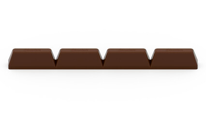 Rich dark chocolate bar divided into four smooth segments with subtle embossed inscriptions. 3D rendering