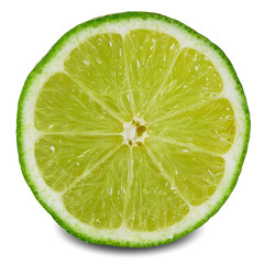  camera image closeup of fresh green cut slice lemon lime citrus fruit, cutout in transparent background, png format