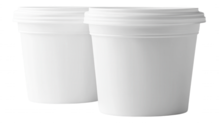 Two white plastic containers with lids on a black backdrop