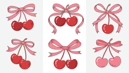 Charming set of six cute cherry illustrations with pink ribbons vector scalable eps graphic elements silhouette vector illustration white background
