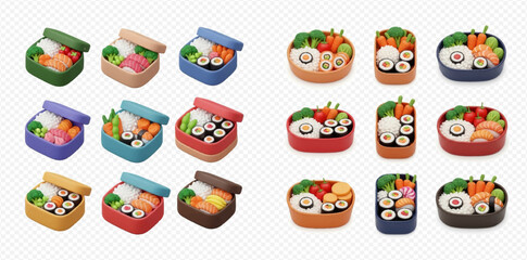 A collection of colorful bento boxes filled with various Japanese foods.