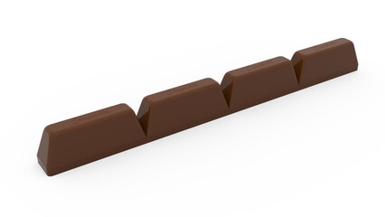 Rich dark chocolate bar divided into four smooth segments with subtle embossed inscriptions. 3D rendering