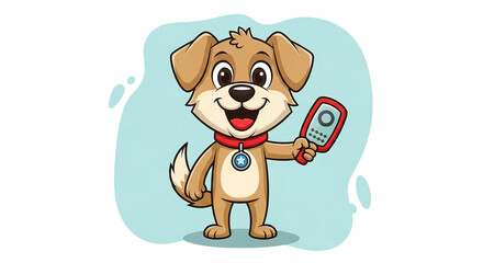 Fototapeta premium Cartoon dog holds a red toy mirror with a circle and zigzag design against a pale blue .