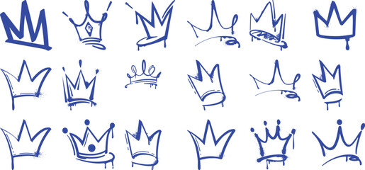 Collection of Graffiti-Style Blue Crowns on White Background