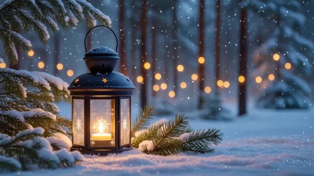 Black lantern with a lit candle stands in snow next to pine branches in a winter forest. Warm lights glow in background. Christmas mood. Snowfall adds atmosphere.