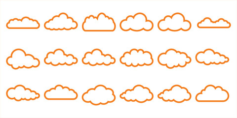 Collection of Orange Outline Cloud Icons on White Background