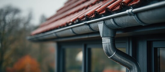 Close-up of a home's roof and rain gutter system, showcasing a red tile roof