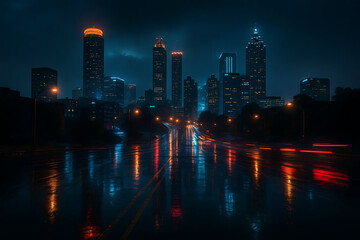 Obraz premium Night City Skyline With Reflections On Wet Street
