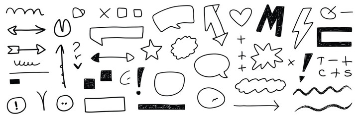 Hand drawn vector graphics collection featuring arrows speech bubbles stars and symbols for diverse design applications silhouette vector illustration white background