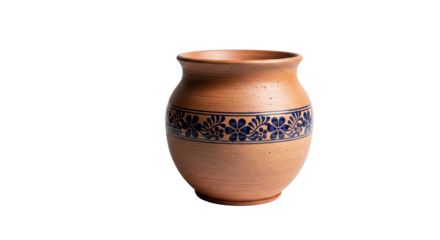 Ceramic vase is adorned with blue floral designs, displaying rustic texture against a isolated background.
