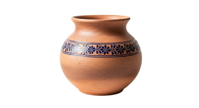Ceramic vase displays blue floral patterns centered on the vessel against a isolated background.
