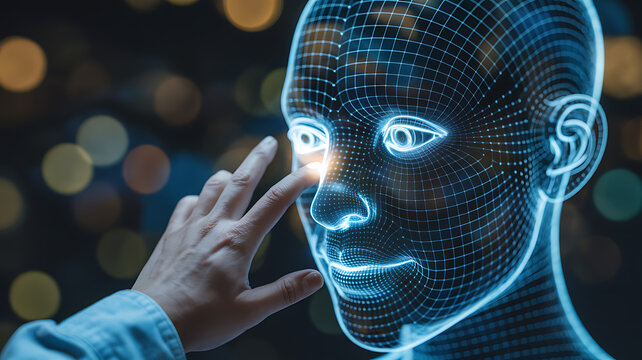 Hand touching a glowing blue wireframe human head with bokeh background finger - Powered by Adobe