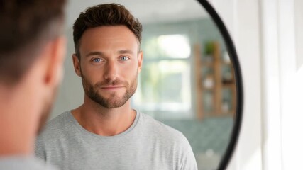 Confident young man with stylish haircut and trimmed beard looking at his reflection in a round mirror at home. Natural daylight highlights his facial features and relaxed expression