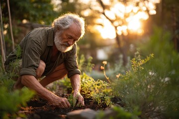 Senior man gardening in sunlight